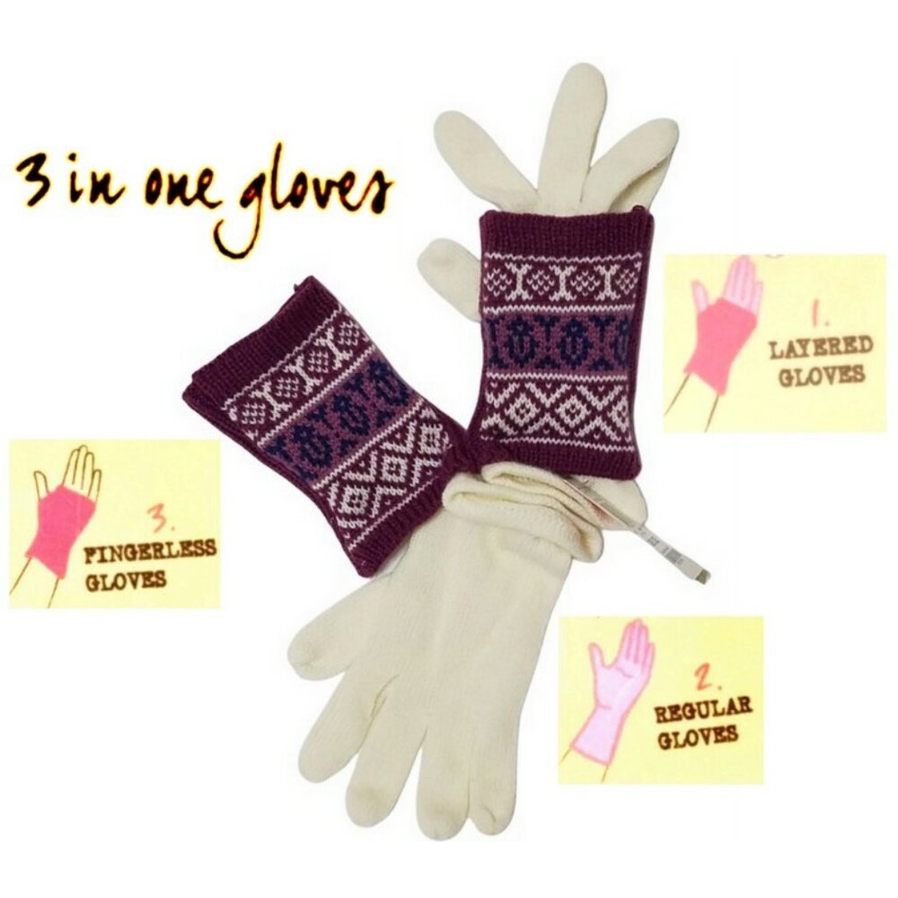 American Rag Cie Tribal Print Adult 3 in 1 Knit Ivory Combo Gloves (1 Pair) NWT